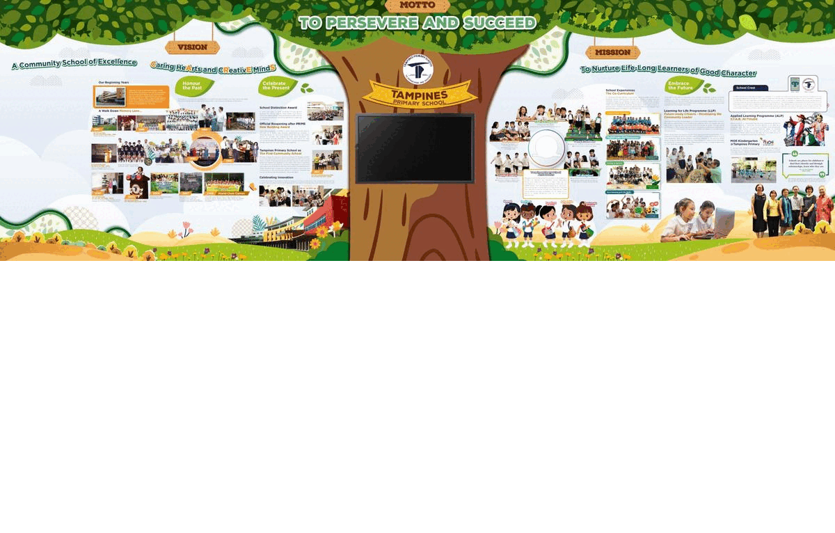 Tampines Primary School display board with motto, vision, mission, photos, and a large illustrated tree centerpiece.